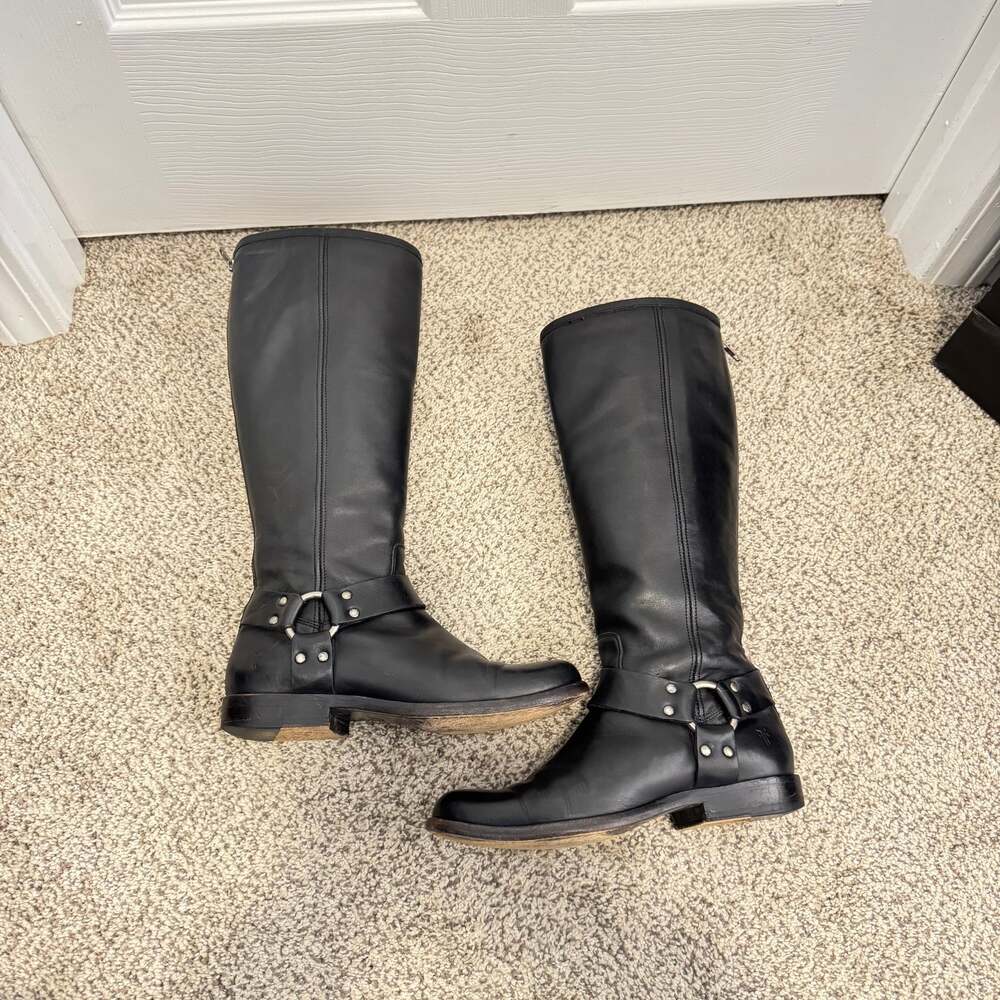 Frye Phillip Harness Tall Black Leather Riding Boots 6.5 extended calf - Picture 3 of 14